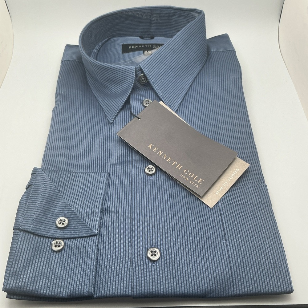 NWT Kenneth Cole NY Slim Fit Stretch Blue Dress Shirt L 16.5 33/33 Black Stripes